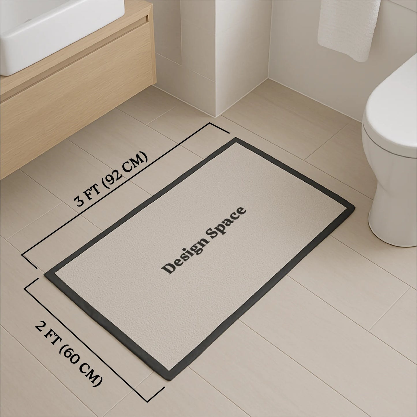 An image showing the 2'x3' mat scale next to a toilet and sink. Greek-Rugs.com