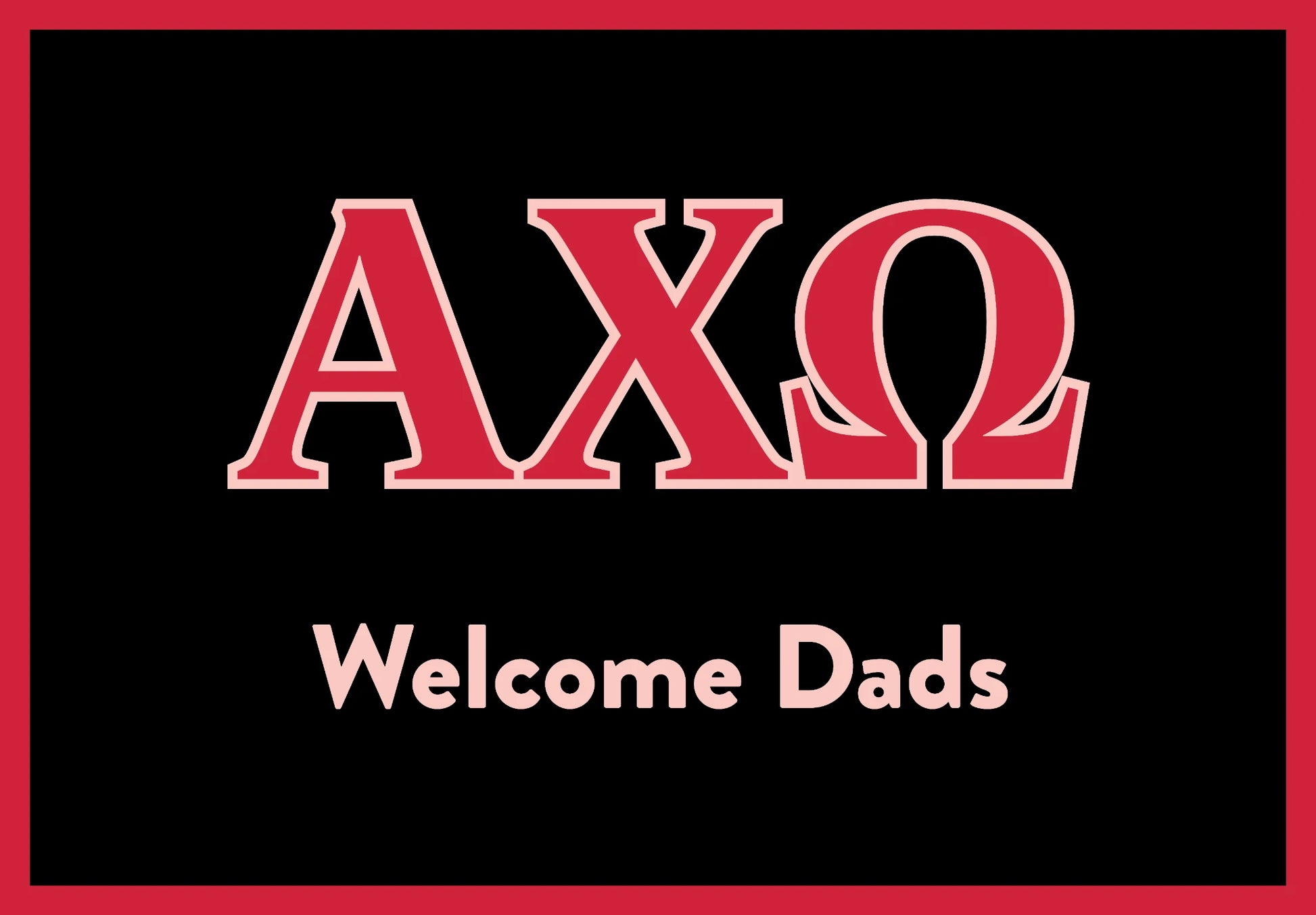 The flat Alpha Chi Omega "Welcome Dads" mat design in red, pink, and black